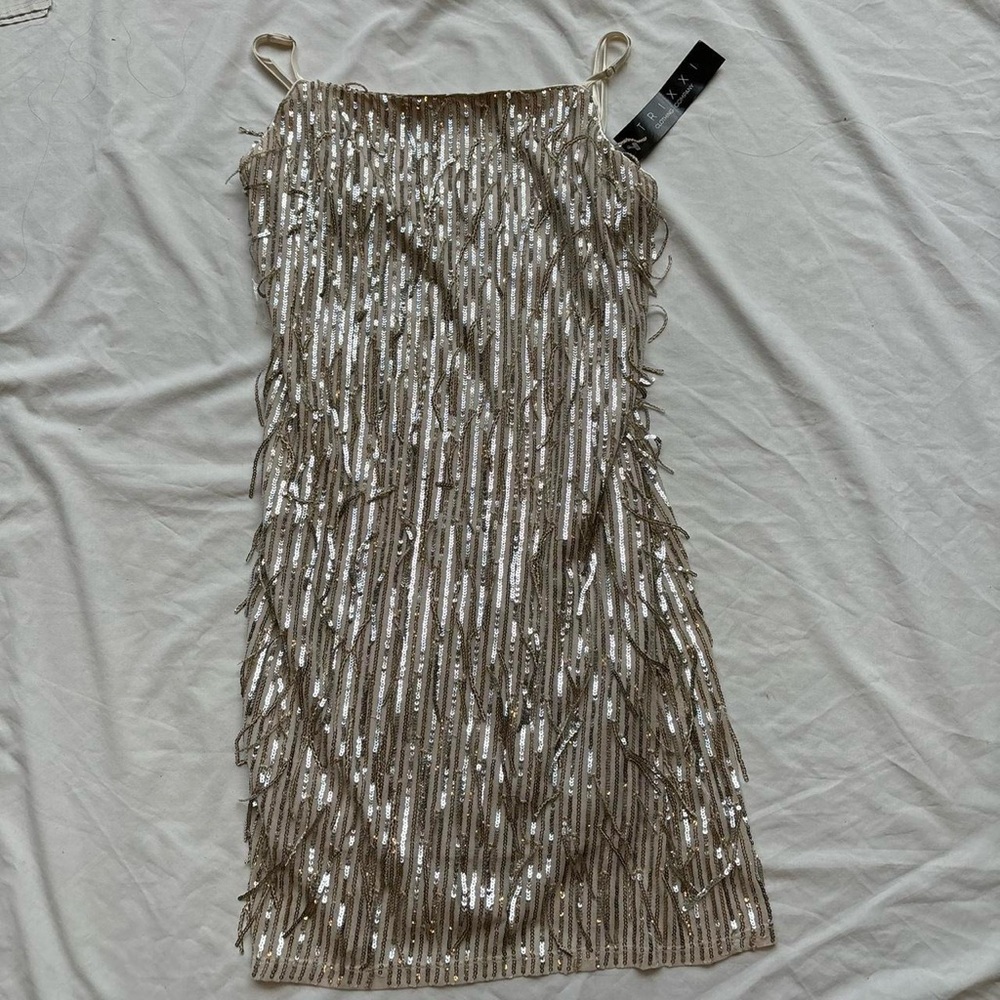 New with tags Silver and Gold sequin fringe bead embellished bodycon mini dress